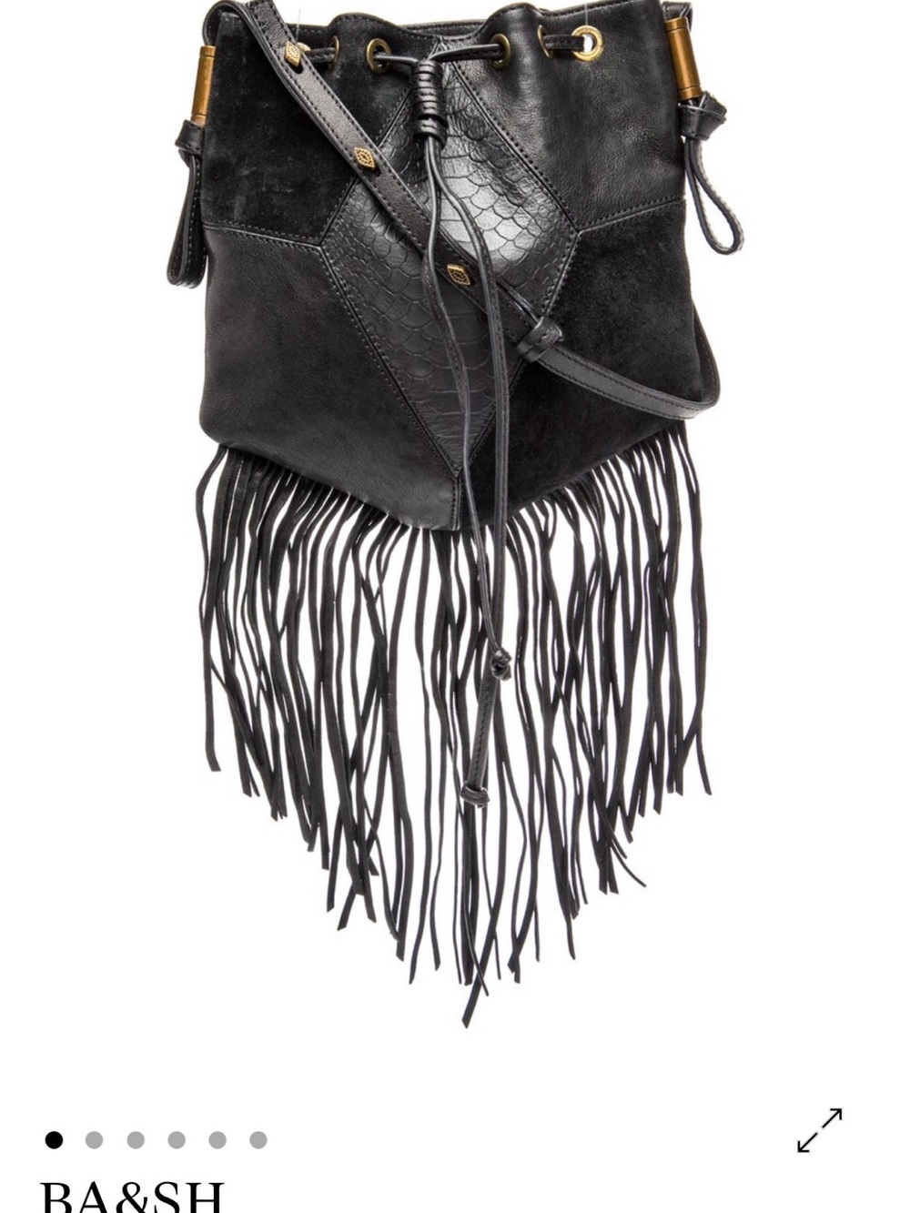 ba&sh Black Leather Fringe Drawstring Crossbody Bag